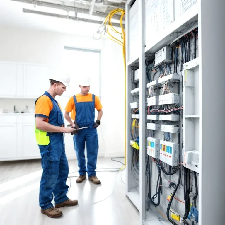 Paneles eléctricos y cables modernos instalados en un edificio comercial para modernización de instalaciones eléctricas
